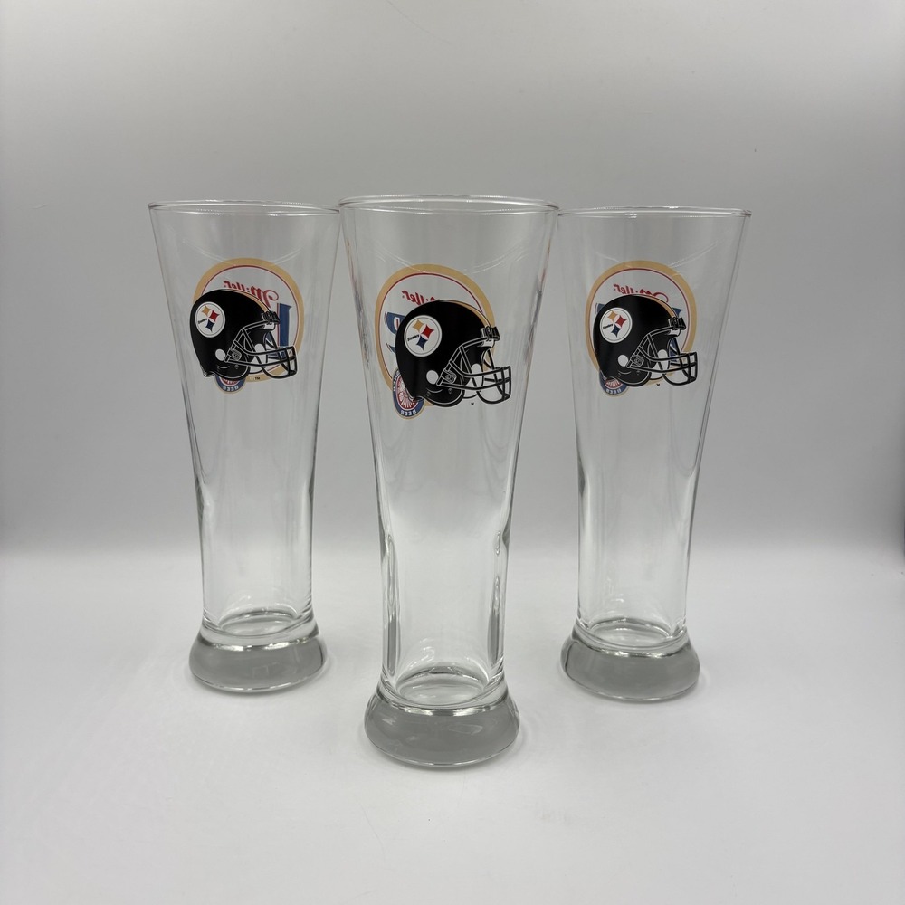 Miller Lite Pittsburgh Steelers Pilsner Beer Glasses Tall Set Of 3 NFL